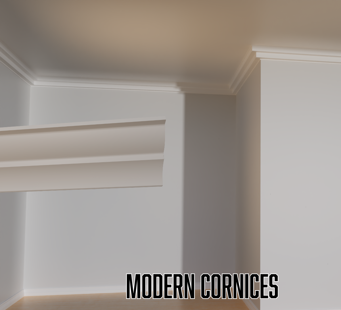 White modern cornices on a wall with text 'Modern Cornices'.