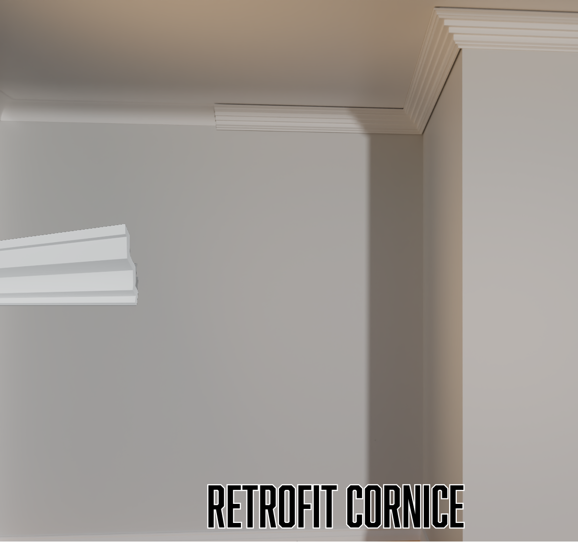 Retrofit cornice on a wall with text overlay