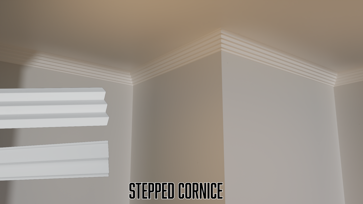 Stepped cornice detail on a ceiling with text overlay