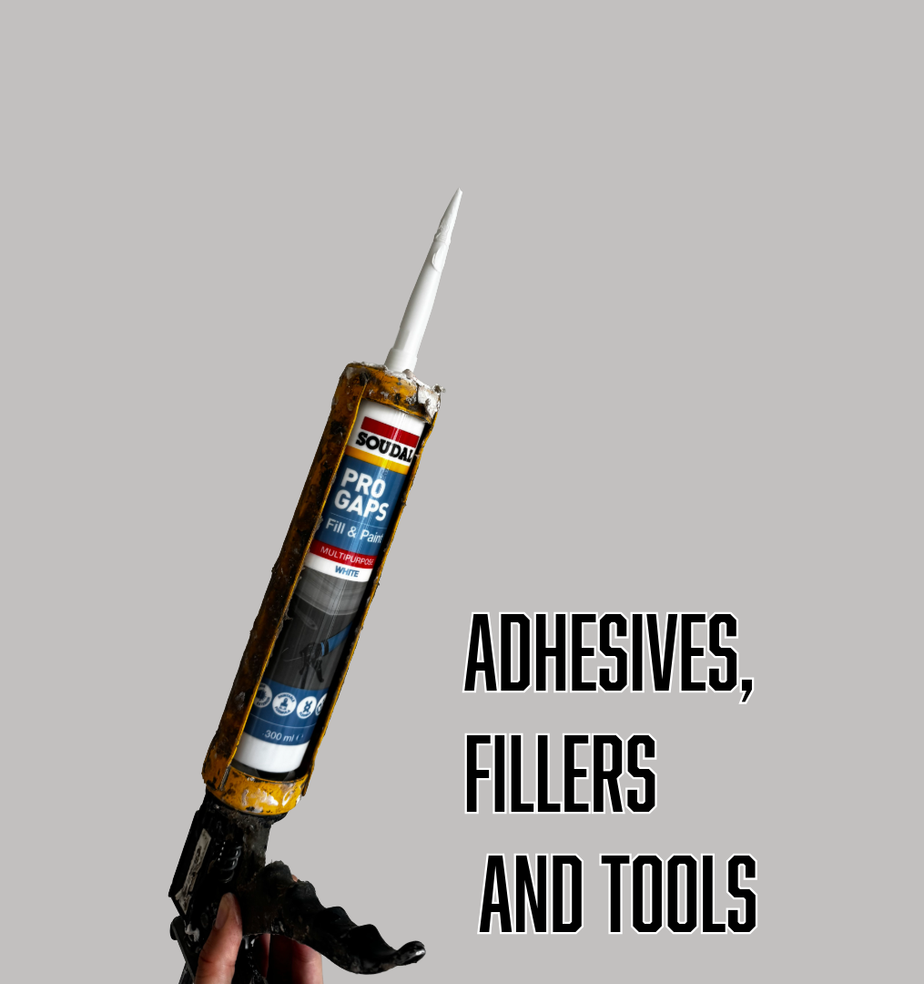  Caulking gun with text 'Adhesives, Fillers, and Tools' on a gray background